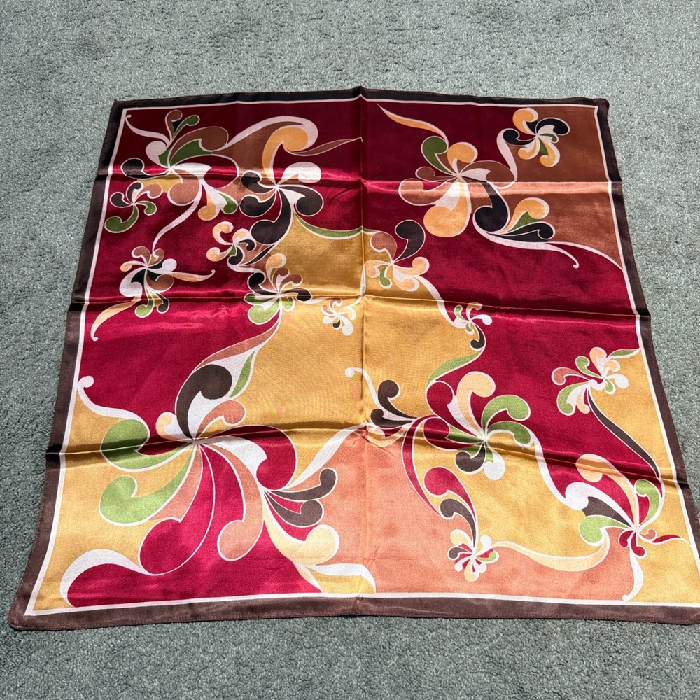 Vintage Style Psychedelic Floral Satin Square Scarf Burgundy Gold 26x26